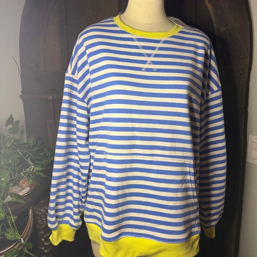 UEU Striped Crewneck Sweatshirt Medium Blue White Neon Yellow Pocket Relaxed